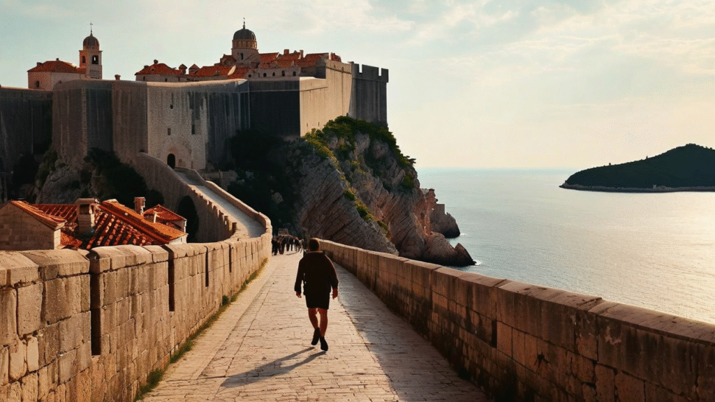 A traveler walking the city walls of Dubrovnik, instantly recognizable as King's Landing.