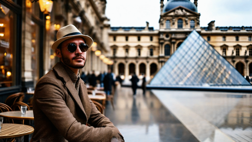A chic traveler posing near the Louvre pyramid or in front of a classic Parisian cafe