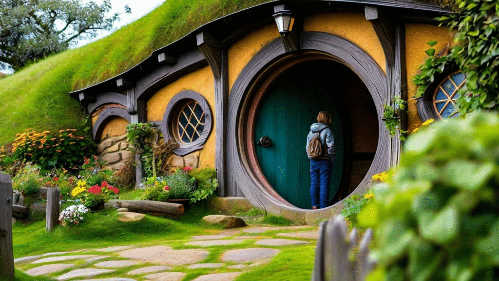person standing in the doorway of a Hobbit hole in Hobbiton